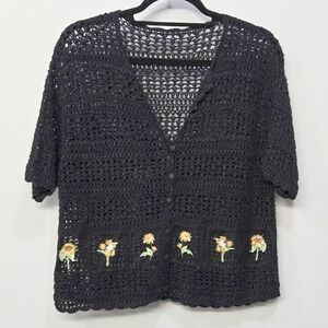 Womens Handmade‎ Crochet Shirt Top Small Black Sunflower Whimsigoth Fairy Grunge